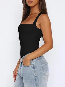 Women's black square neck sleeveless bodysuit paired with light blue denim jeans