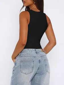 Women's slim fit black sleeveless bodysuit paired with vintage light blue denim jeans