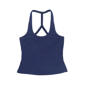 Detailed view of navy blue ribbed knit texture and back cutout on the sports tank top