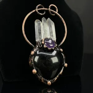 Handmade bronze wire wrapped heart obsidian and amethyst pendant with quartz crystal points