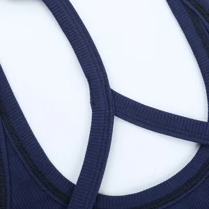 Detail of the navy blue ribbed fabric and criss-cross back straps on this fitted top