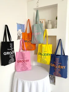 Retro canvas tote bag with GROCERY letter print in six vibrant summer colors