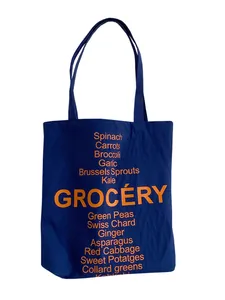Retro contrast canvas tote bag in navy blue with orange grocery list print for women