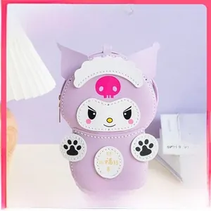 Close-up of purple DIY handmade coin purse featuring cartoon character and paw prints