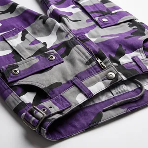 Detail of purple camouflage cargo pants featuring streetwear style with side pocket design