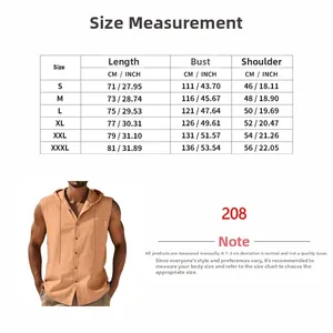 Detailed size chart for men sleeveless linen hoodie with length, bust and shoulder data