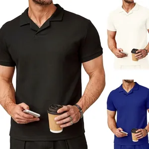 Detail of the V-neck knit Polo shirt collar and premium micro-textured fabric weave