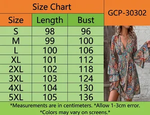Detailed size chart for paisley print V-neck dress with flare sleeves from S to 5XL