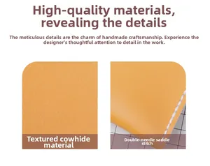 Macro detail of yellow pebble grain cowhide leather with white double saddle stitching