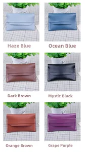 Collage showing six colorful PU leather coin purses in blue, brown, black and purple