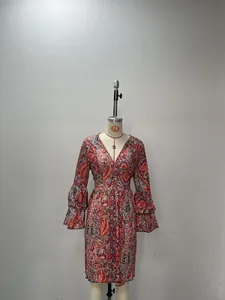 Detail of V-neckline and Paisley floral print on long sleeve flared dress for women