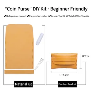 DIY leather coin purse craft kit with yellow components and finished pouch 12.5x7cm