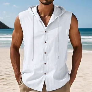Men's white sleeveless linen hooded shirt with wooden buttons in beach setting