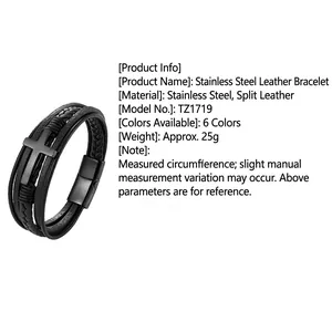 Detail view of multi-layer black leather bracelet with black stainless steel cross charm