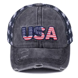 Vintage Distressed Washed Cotton Trucker Hat With US Flag USA Embroidery Mesh Back Breathable Adjustable Baseball Cap For Men Women