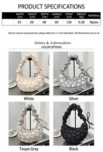 Infographic showing dimensions and color variants of a heart quilted nylon shoulder bag