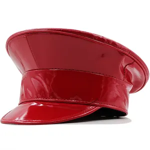 Red faux leather flat top military hat with crocodile texture and glossy finish