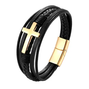 Men's multilayer black braided leather bracelet with golden stainless steel cross