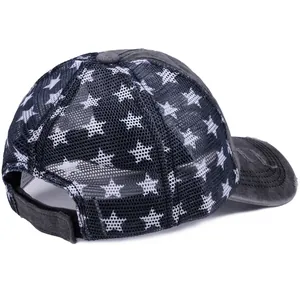 Distressed grey mesh trucker hat with white star patterns and adjustable strap