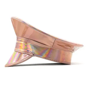 Detail of the holographic pink military cap showing metallic finish and stitching