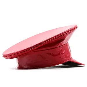 Detail of red patent leather flat top navy cap with shiny finish and wide brim
