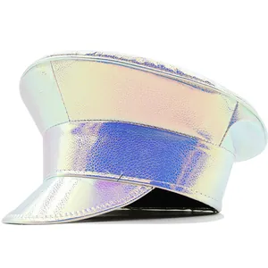 Holographic flat top navy cap with iridescent metallic finish and wide visor