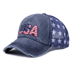 Vintage USA flag mesh trucker hat with washed navy fabric and star patterns