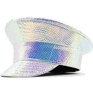 Detail of laser iridescent navy hat with holographic snakeskin texture and wide brim