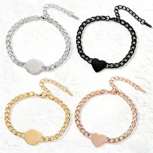 Stainless Steel Curb Chain Bracelet With Blank Round Heart Tag Mirror Polish Adjustable Jewelry For Men Women Daily Gift