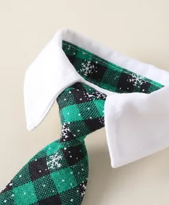 Detail of cotton plaid pet tie with snowflake pattern and white shirt collar