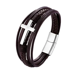 Men's multilayer braided leather cross bracelet with silver magnetic metal clasp