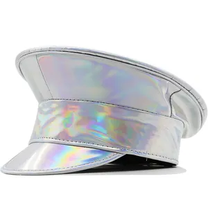 Detail of holographic silver military cap showing rainbow reflection and metallic finish