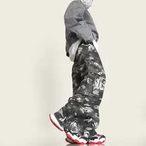 Retro vibe camo cargo pants with rose print in loose wide leg street style