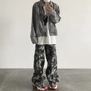 American street style camo cargo pants with vintage rose print and wide leg fit