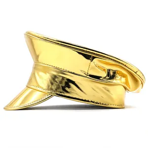 Side view of a shiny gold flat top military hat with a glossy metallic finish and stiff brim