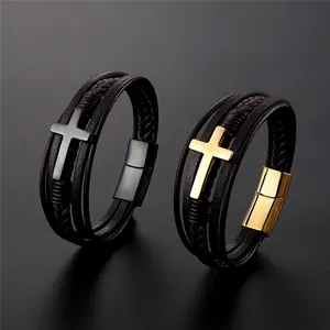 Mens multilayer braided leather bracelet with magnetic metal cross charm in black and gold