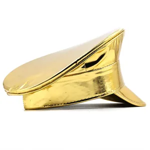 Detail of high-gloss gold mirror finish military hat with wide brim for stage parties