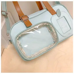 Détail d'un sac à bandoulière bleu clair avec fenêtre transparente et sangle marron
