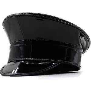 Detail shot of shiny black patent leather military cap with structured flat top and peak