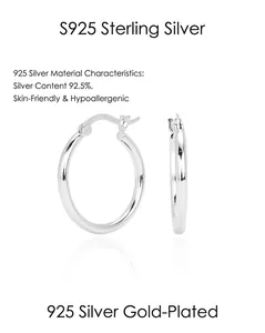 Detailed view of polished S925 sterling silver hoop earrings with secure clasp mechanism.