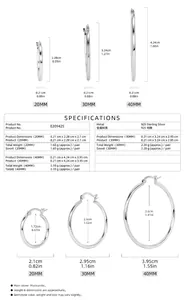 Size specifications for S925 sterling silver hoop earrings in 20mm, 30mm, and 40mm.