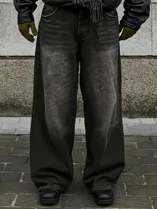 Men's Fashion Wide Leg Washed Denim Jeans Streetwear Loose Fit Cotton Blend Straight Casual Long Trousers Black