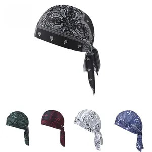 Detailed view of paisley pattern do-rag bandana caps available in five distinct colors