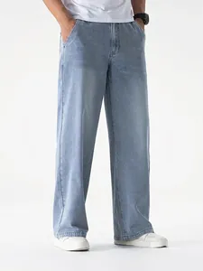 Jeans da Uomo a Gamba Dritta Larghi Blu Chiaro Lavati in Misto Cotone Pantaloni Denim Casual Urban Streetwear Pantaloni a Gamba Larga da Uomo