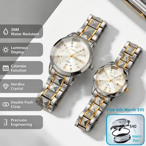 Zilver en goudkleurige quartz horlogeset voor koppels met stalen schakelband