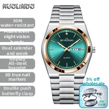 Professional men's quartz wristwatch with green sunray dial and silver steel band