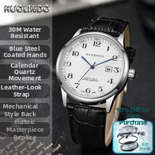 Elegant men's quartz wristwatch featuring white dial and black leather strap detail