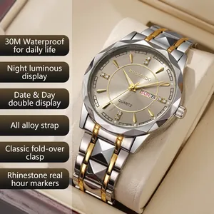 Luxury two-tone silver and gold men's quartz watch with date display