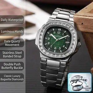 Detailed view of luxury men's steel watch featuring a green dial and diamond-set bezel