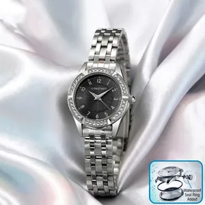 Silver women's watch with crystal bezel and black sunburst dial, waterproof design